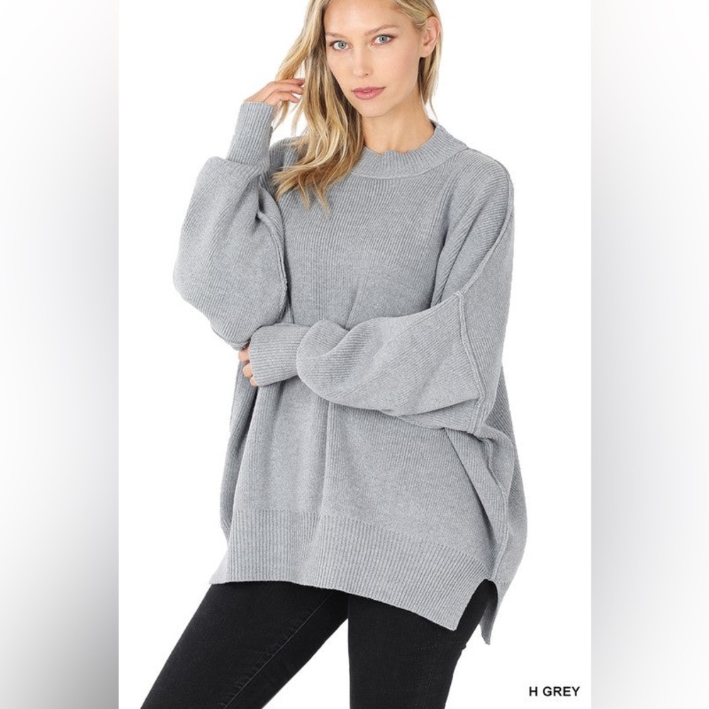 Zenana Ribbed Side-Slit Oversized Sweater sz S